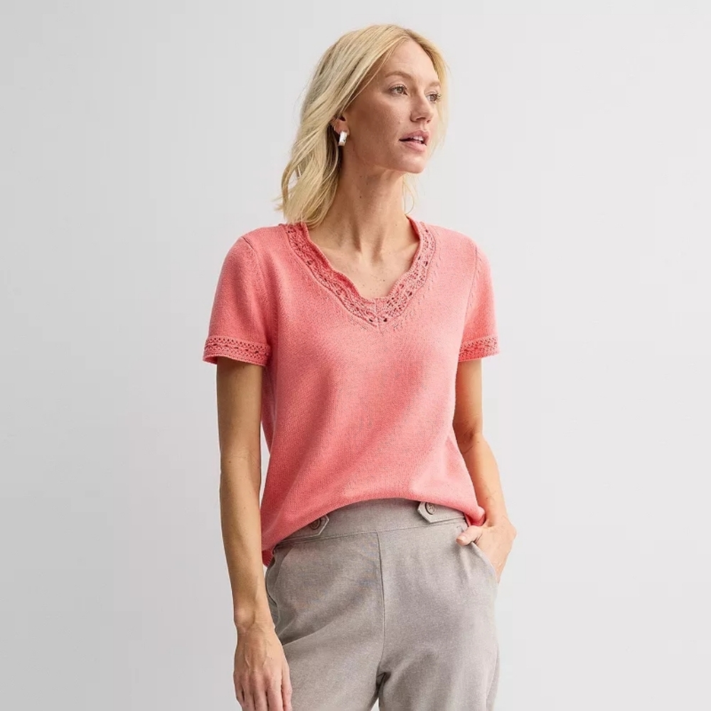 Croft & Barrow Coral Lace Trim Short Sleeve Knit Top